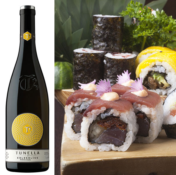Vino e Sushi: Ribolla Gialla Coldeblìss La Tunella: gustosa accanto a degli spicy roll con tonno o salmone